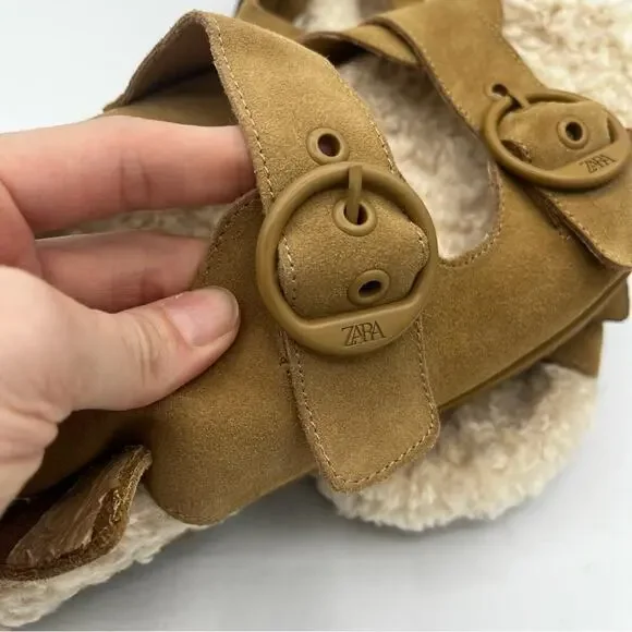 NWT Zara Leather Shearling Buckle Sling Back Flat Sandal Slipper Brown Cream 39 - Picture 5 of 8